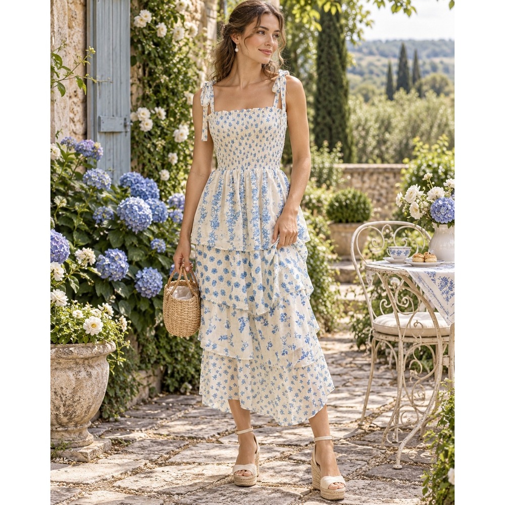 Crystal Doll Blue White Floral Smocked Tiered Midi Dress Sm Cottage Prairie Boho